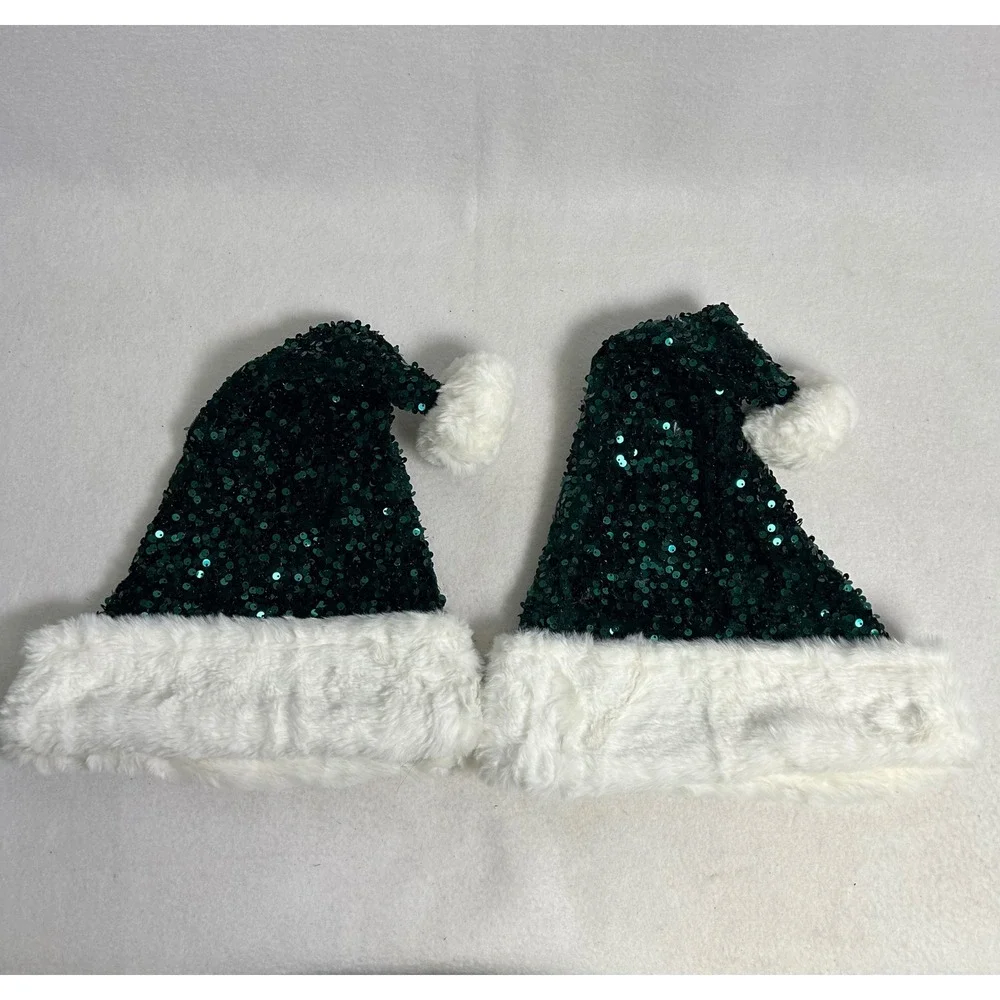 Christmas Holiday Great Value Womens OS Green Sequin Faux Fur Santa Hat Set of 2
